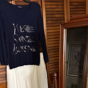 Yves Saint Laurent vintage Navy Sweater with Silver & Grey/black bling Logo